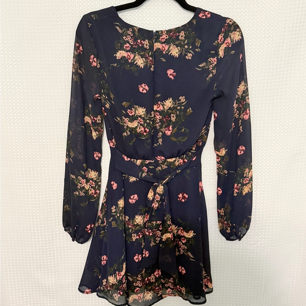 Lulus Always Yours Navy Floral Chiffon Skater Dress Long Sleeve XXS V-Neck Mini - Picture 6 of 7